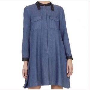 𝅺BCBGMAXAZRIA Faux Leather trim Indigo denim chambray shirt Emilee Dress